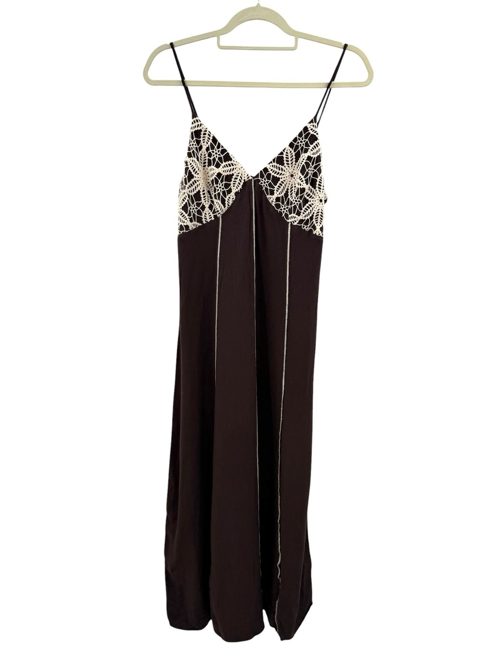 Zara Brown Lace Trim Slip Dress Maxi Viscose Boho Cottagecore M